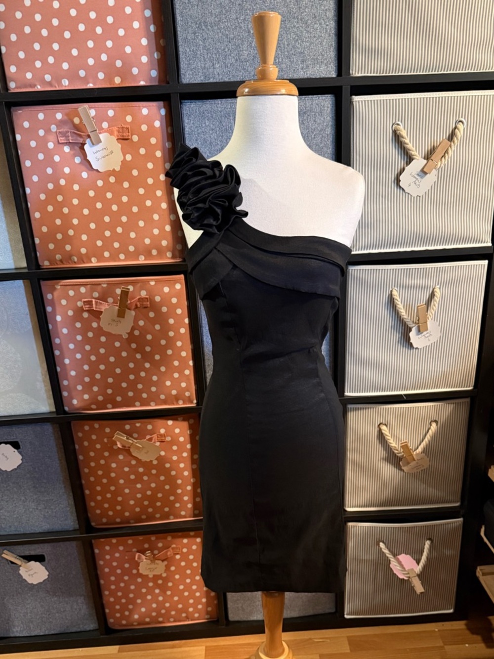Snap Black One-Shoulder Cocktail Dress with Rosette Shoulder